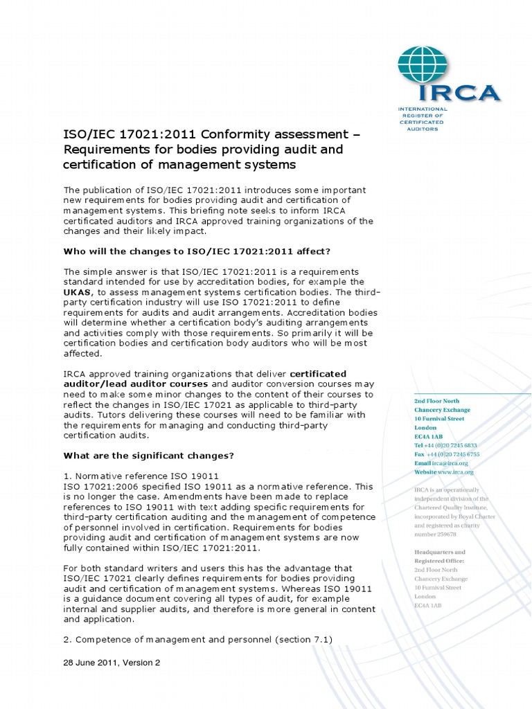 ISO/IEC 17021:2011 Audit Changes | PDF | Professional Certification | Audit