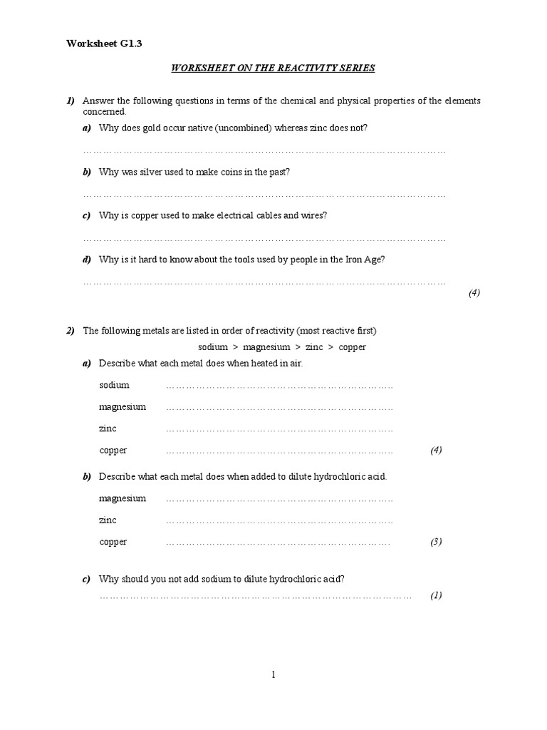 Worksheet On The Reactivity Series