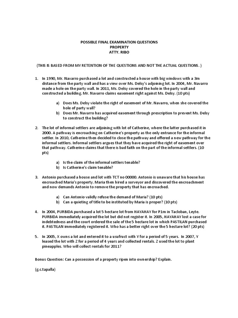 Property Law Exam Questions | PDF | Politics