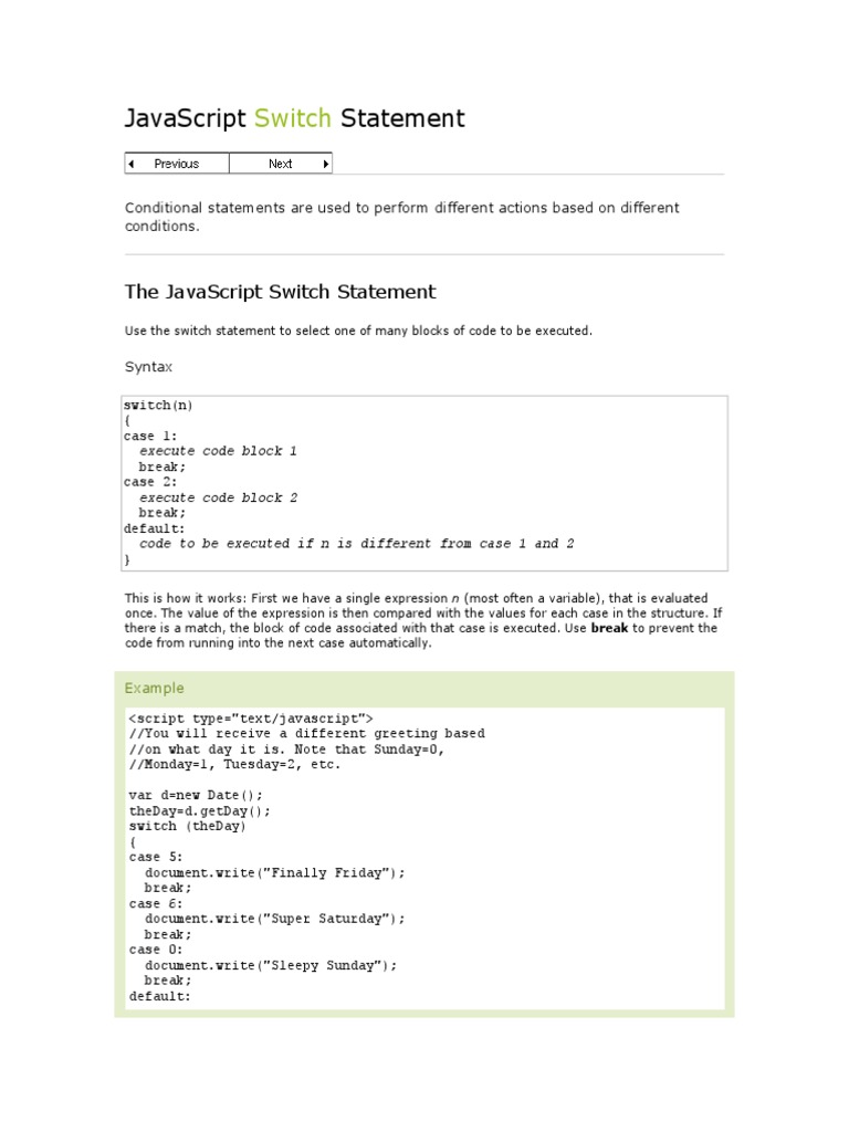 Javascript Statement: Switch | PDF | Notation | Computer Programming