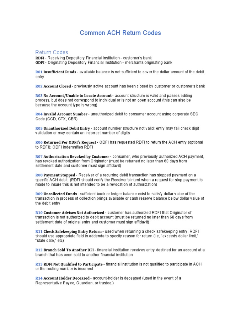 Common ACH Return Codes | PDF
