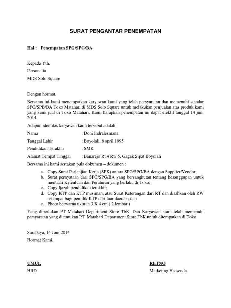 Surat Pengantar Penempatan