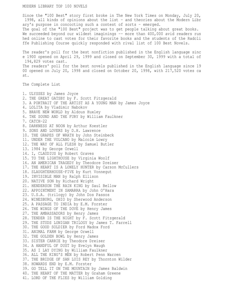 Modern Library's 100 Best Novels List | PDF | Joseph Conrad | Novels