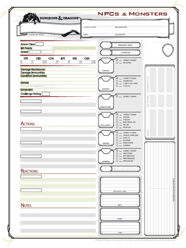 D&amp;D Next Monster&amp;NPC Sheet (Fan Made)