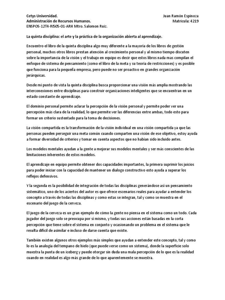 Ensayo Sobre libro La Quinta Disciplina Systems Theory