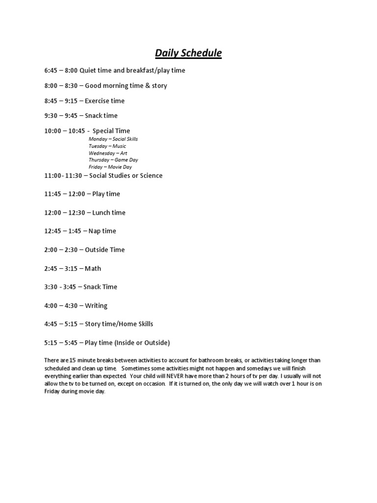 Daily Schedule | PDF | Cooking, Food & Wine | Language Arts & Discipline