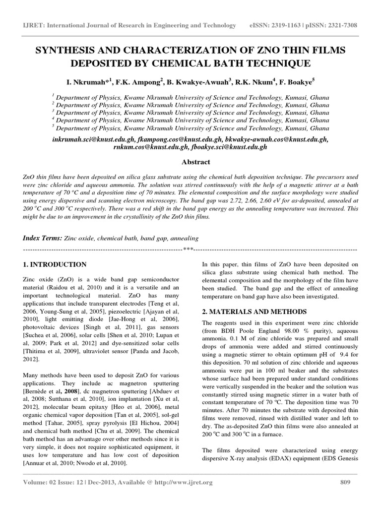 Synthesis and Characterization of Zno Thin Films | PDF | Zinc Oxide ...