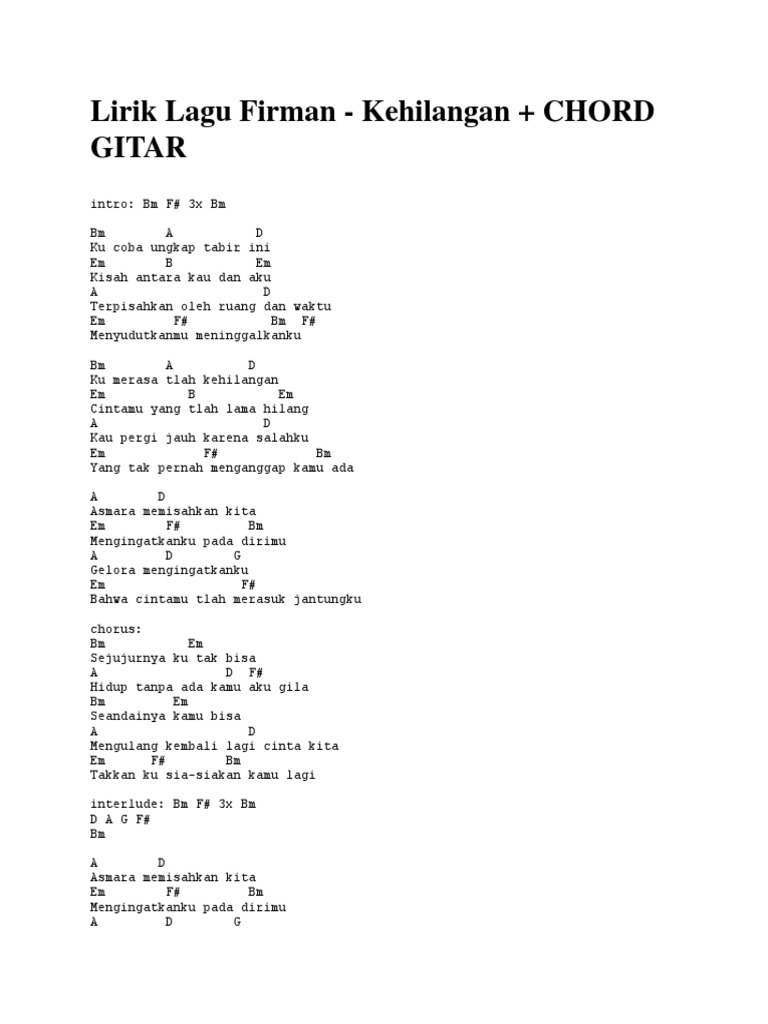 Lirik Lagu Firman Kehilangan Chord