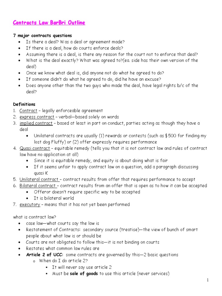 BarBri Contracts Law Outline | PDF | Offer And Acceptance | Consideration