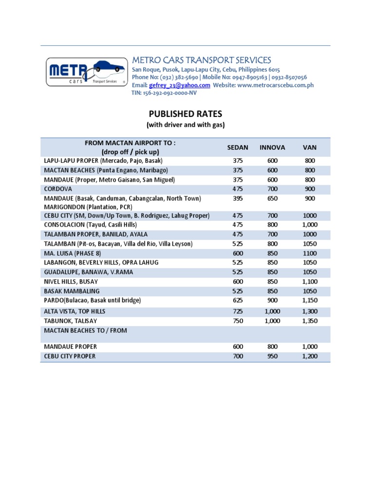 Metro Cars Cebu Transport Rates | PDF
