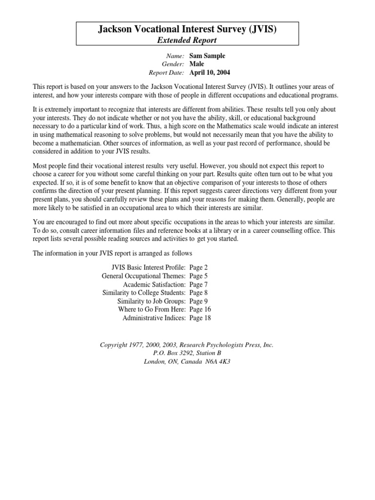Jackson Vocational Interest Survey (JVIS) - Extended Report | PDF ...