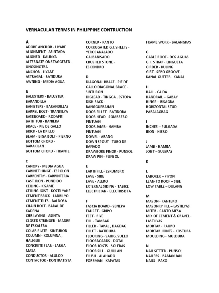 Philippine Construction Vernacular Terms | PDF | Structural Engineering ...