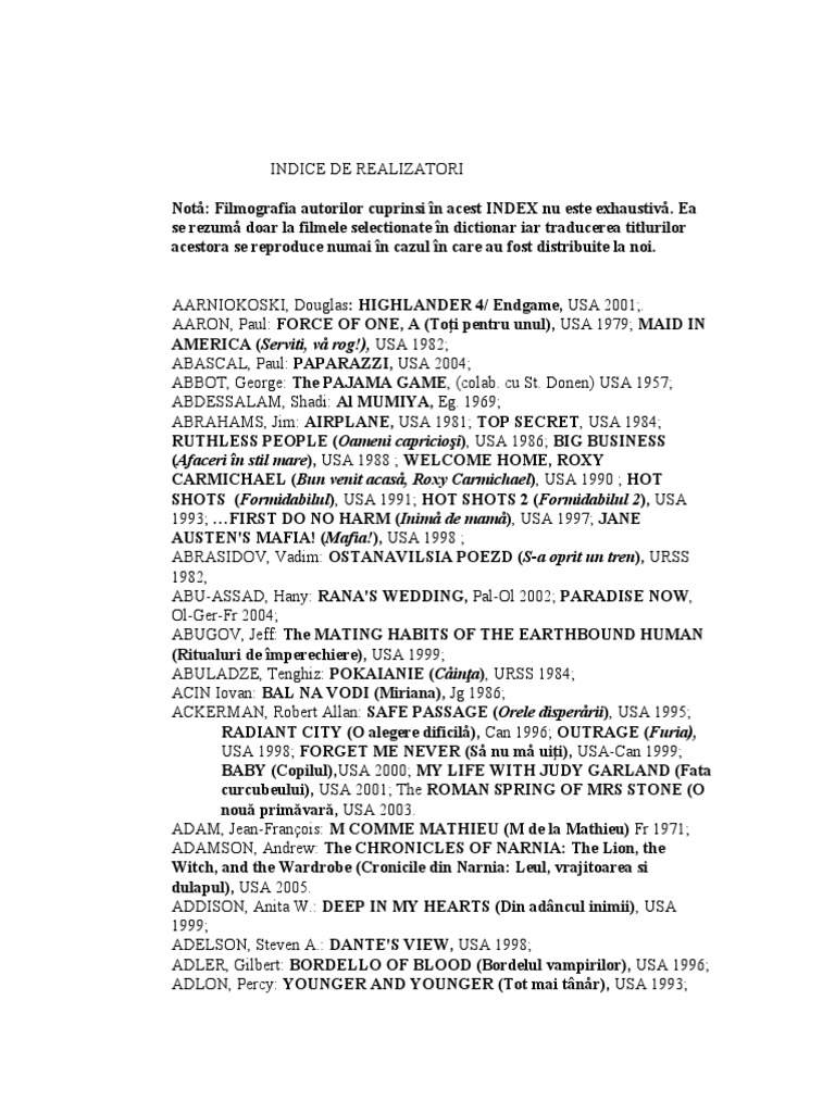 Dictionar Regizori Si Filme Indice
