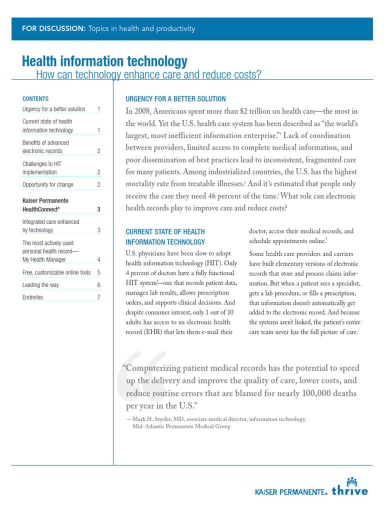 Tihp It 012610 PDF Kaiser Permanente Electronic Health Record