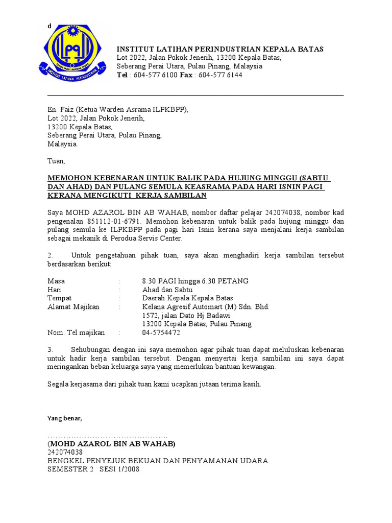 Contoh Surat Penubuhan Kelas Kafa