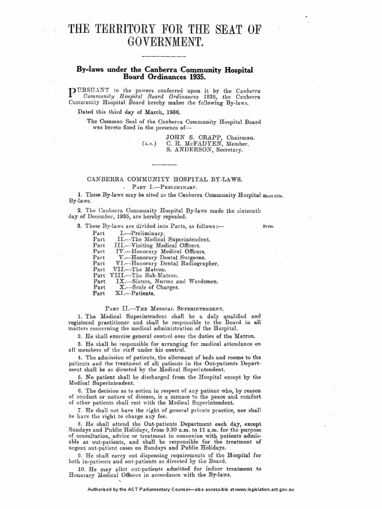 The Territory For The Seat of Government. ByLaws Under The Canberra