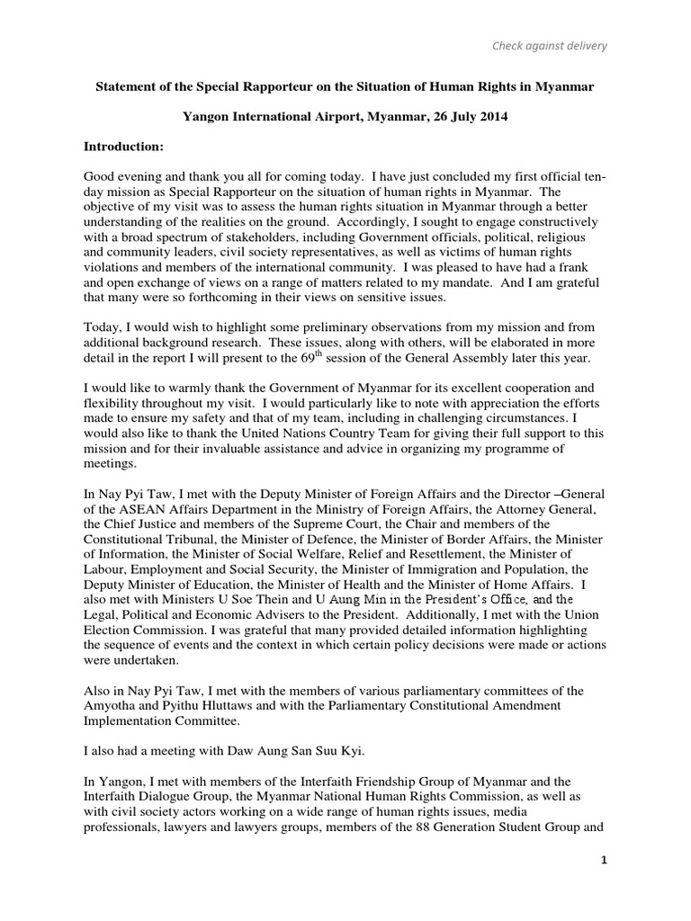 Statement of UN Special Rapporteur On Human Rights in Myanmar | PDF ...
