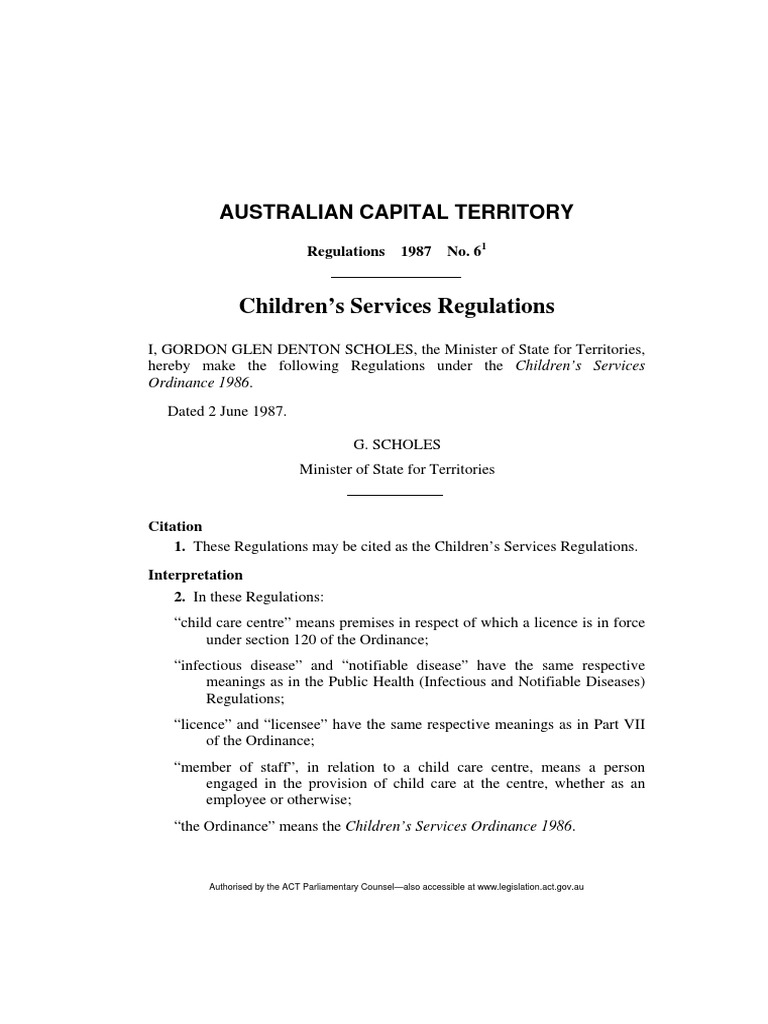 ACT Children's Services Regulations 1987 PDF Child Care Relationships