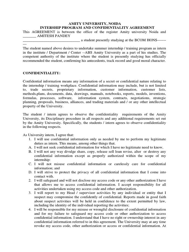Confidentiality Agreement PDF Confidentiality Internship