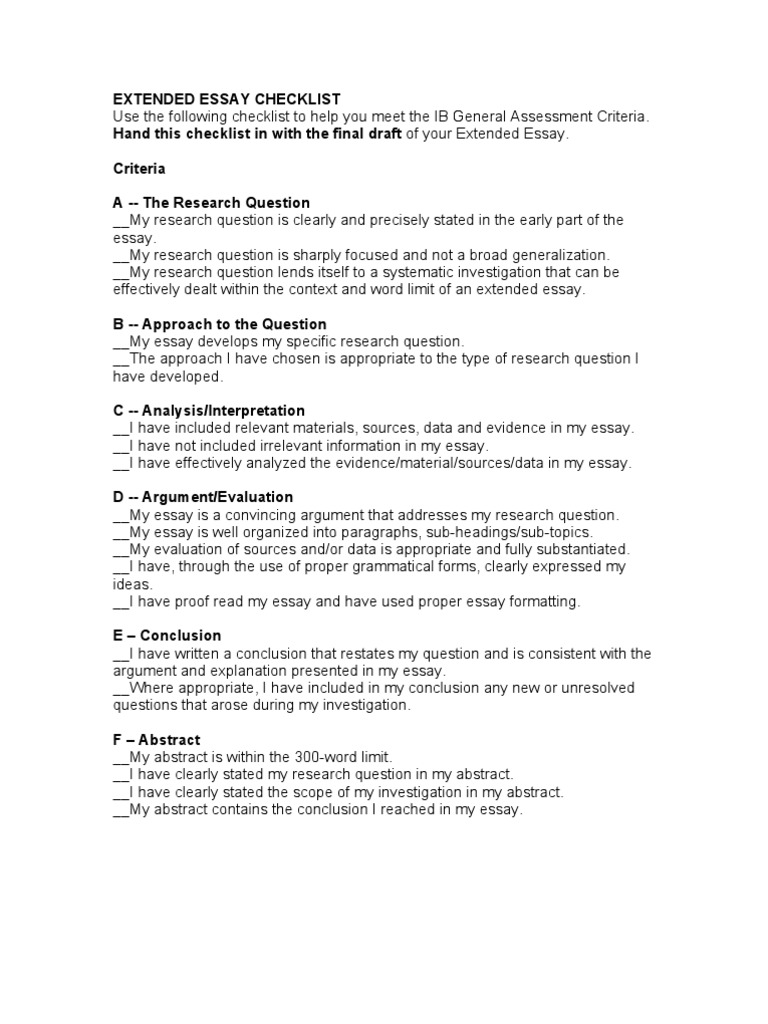 Extended Essay Checklist PDF Essays Question