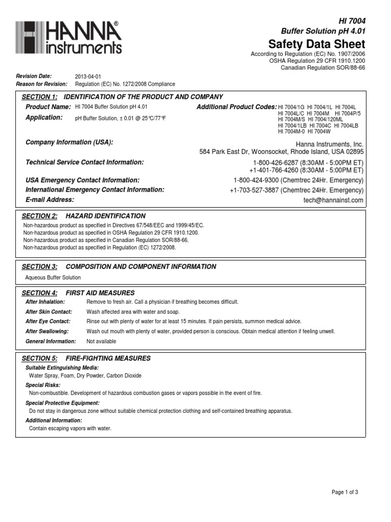 Msds Hi 7004 Buffer PH 4.01 Personal Protective Equipment Materials