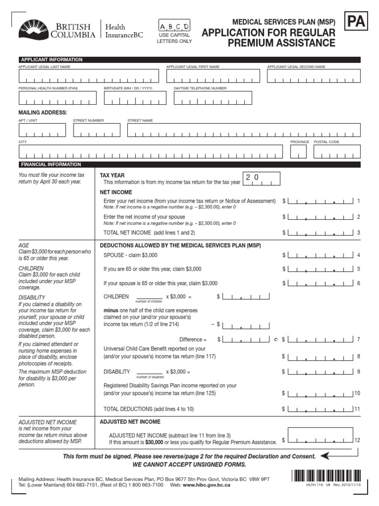 MSP Regular Premium Assistance Application | PDF | Insurance ...