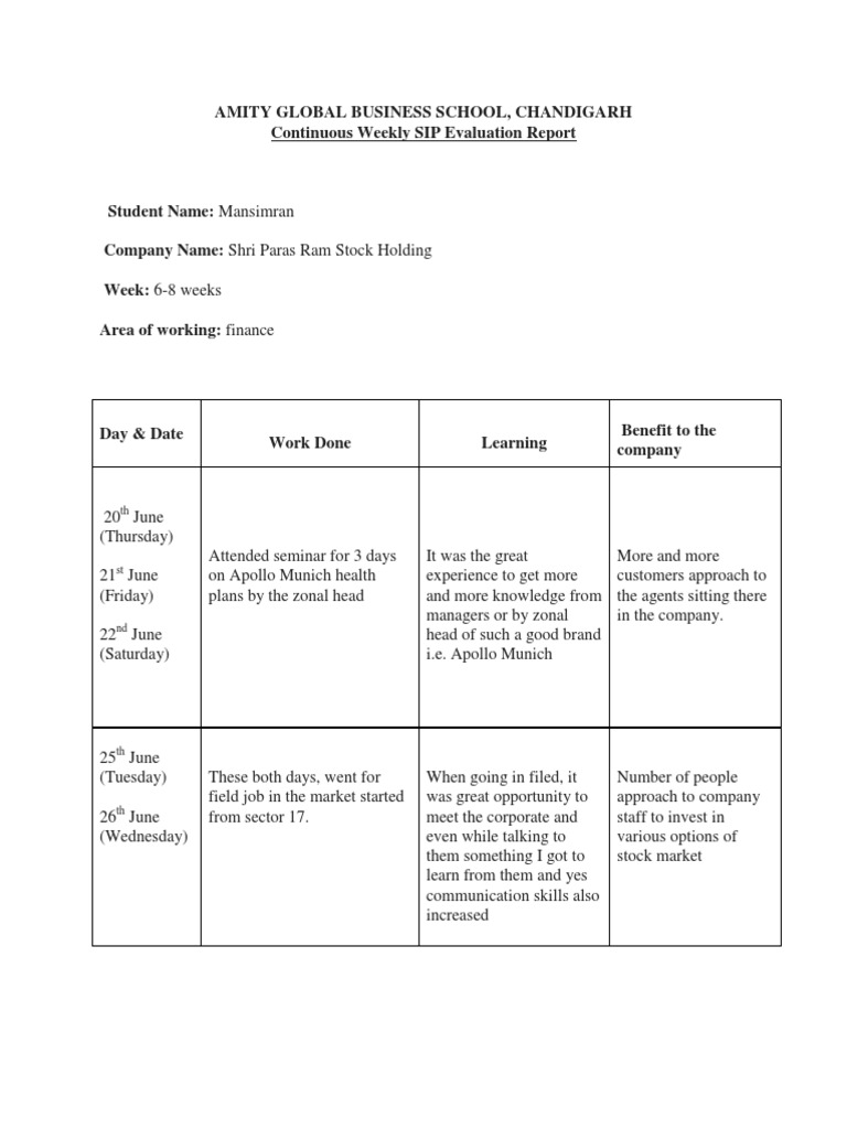 Weekly SIP Evaluation Report: Finance | PDF