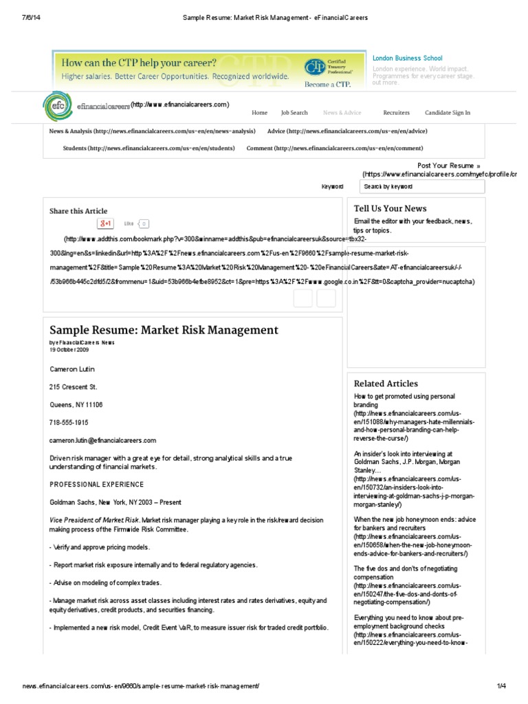 Sample Resume - Market Risk Management - EFinancialCareers | PDF ...