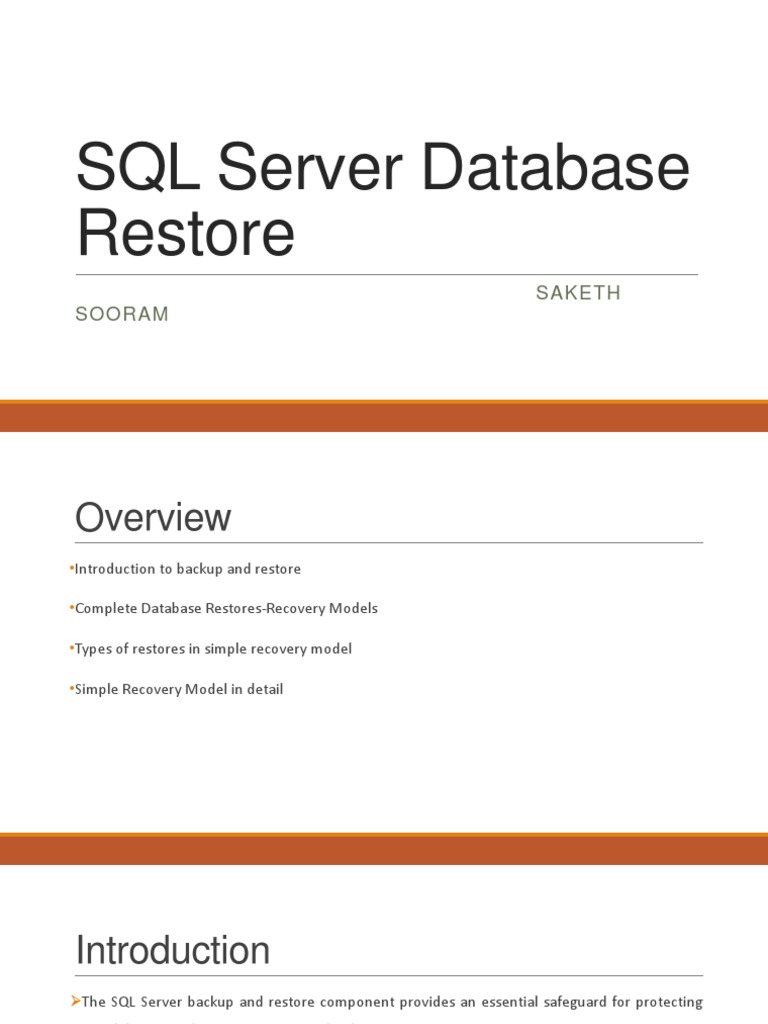 SQL Server Database Restore Overview | PDF | Backup | Database Transaction