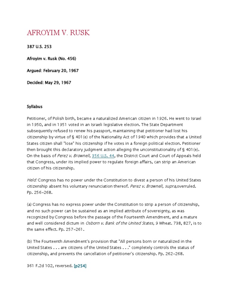 Afroyim Vs Rusk Full Text | PDF | Fourteenth Amendment To The United ...