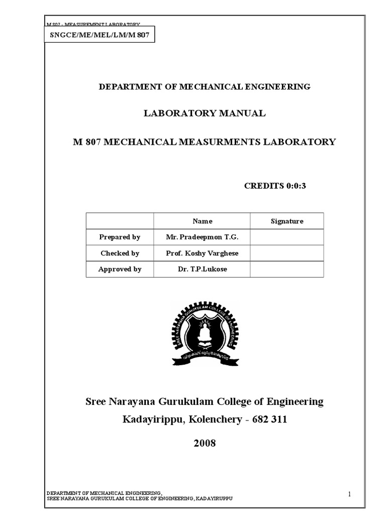 Mechanical Measurements Lab Manual PDF Gear Applied And Interdisciplinary Physics