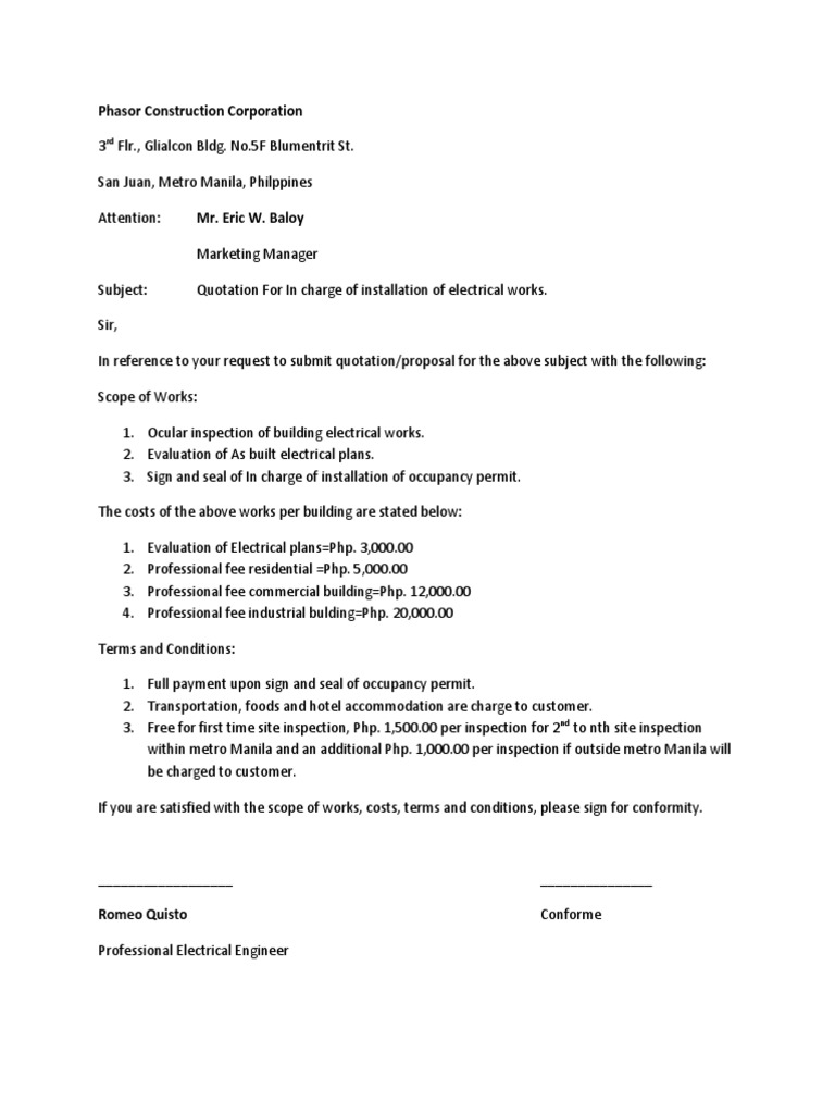 Quotation for Electrical Works Installation | PDF