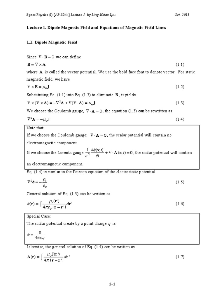 Lecture 1. Dipole Magnetic Field and Equations of Magnetic Field Lines ...