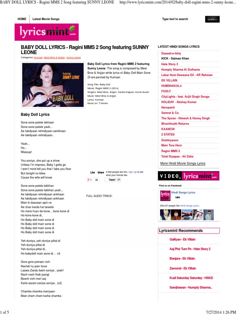 Baby Doll Lyrics Ragini Mms 2 Song Featuring Sunny Leone PDF