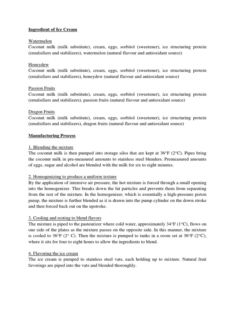 Manufacturing Process of Ice Cream | PDF | Ice Cream | Flavor
