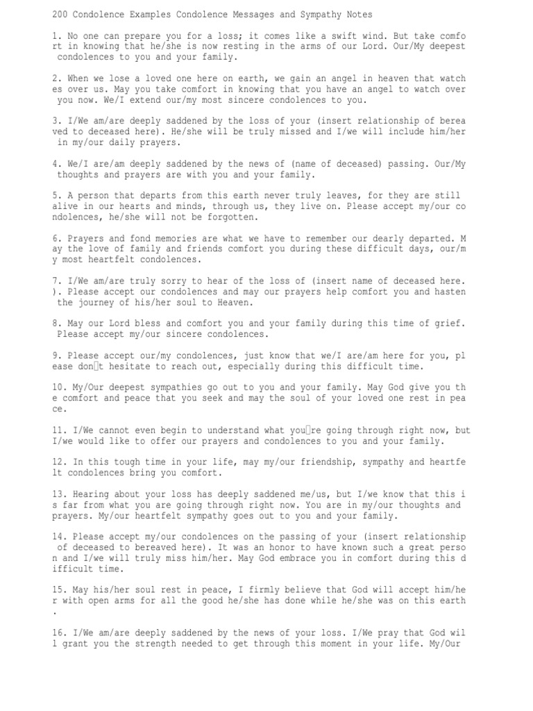 Examples Of Sober Subtle And Sincere Condolence Messages