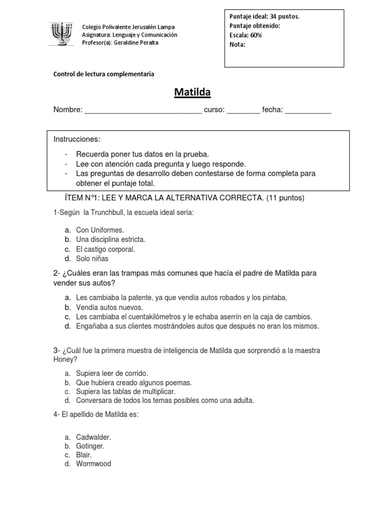 Prueba de lectura: Matilda | PDF | Ocio