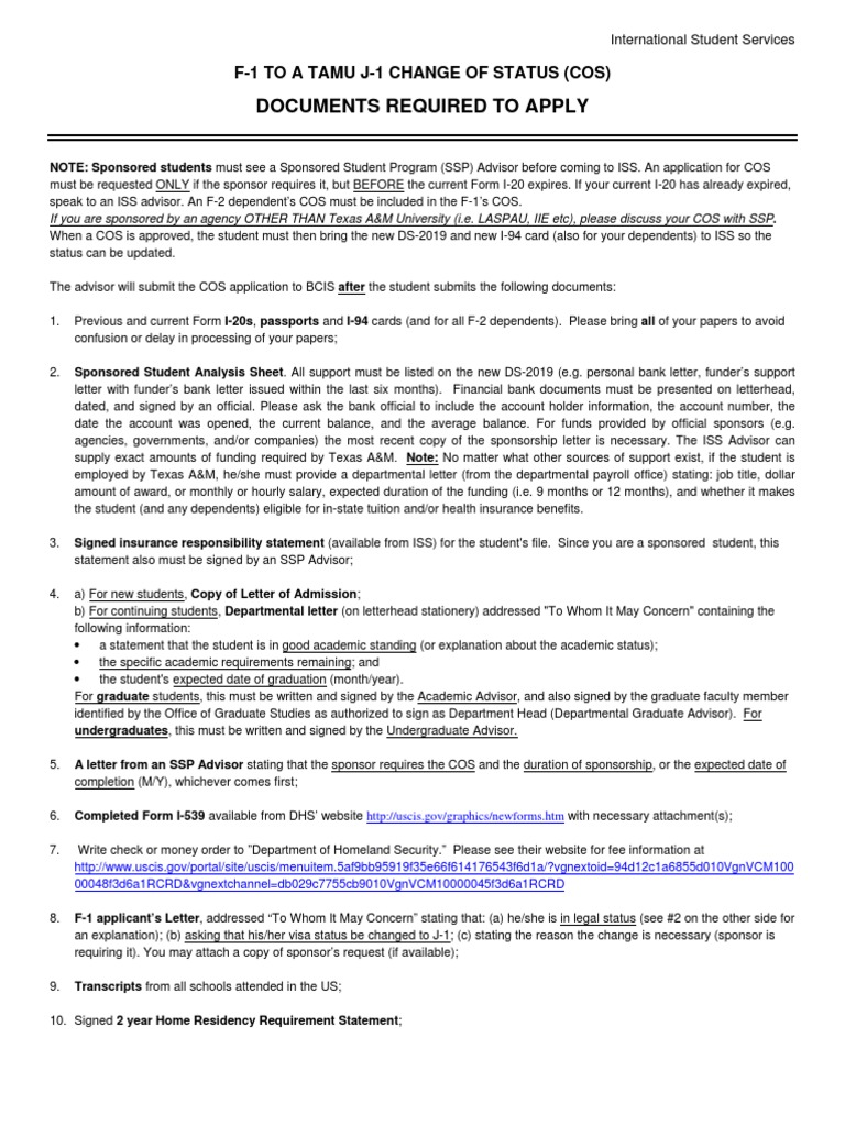 Change of Status F1 To J1 PDF Government Of The United States