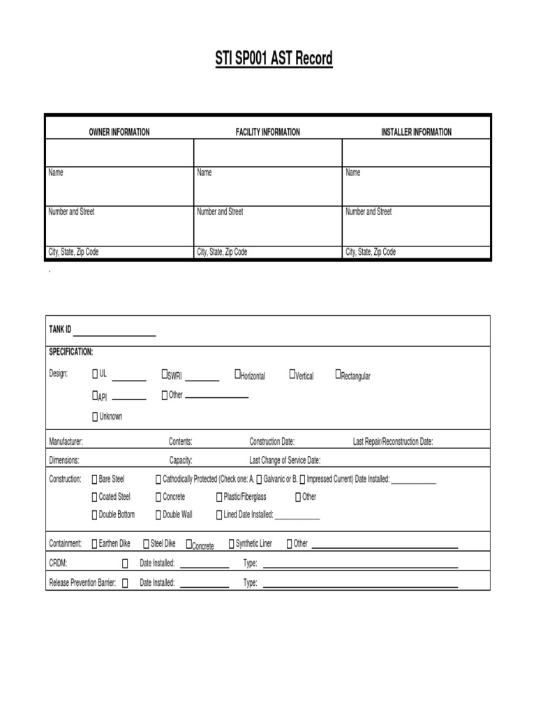 STI SP001 AST Inspection Checklists | PDF | Law | Technology & Engineering