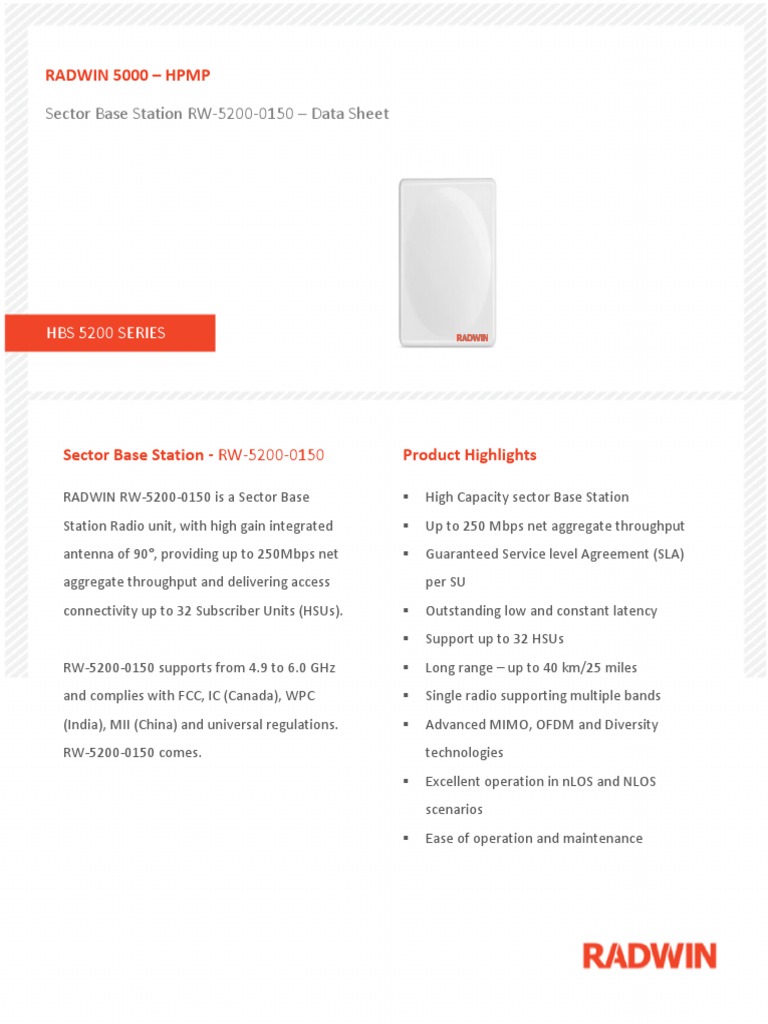 Sector Base Station RW-5200-0150 - Data Sheet: Radwin 5000 - HPMP | PDF ...