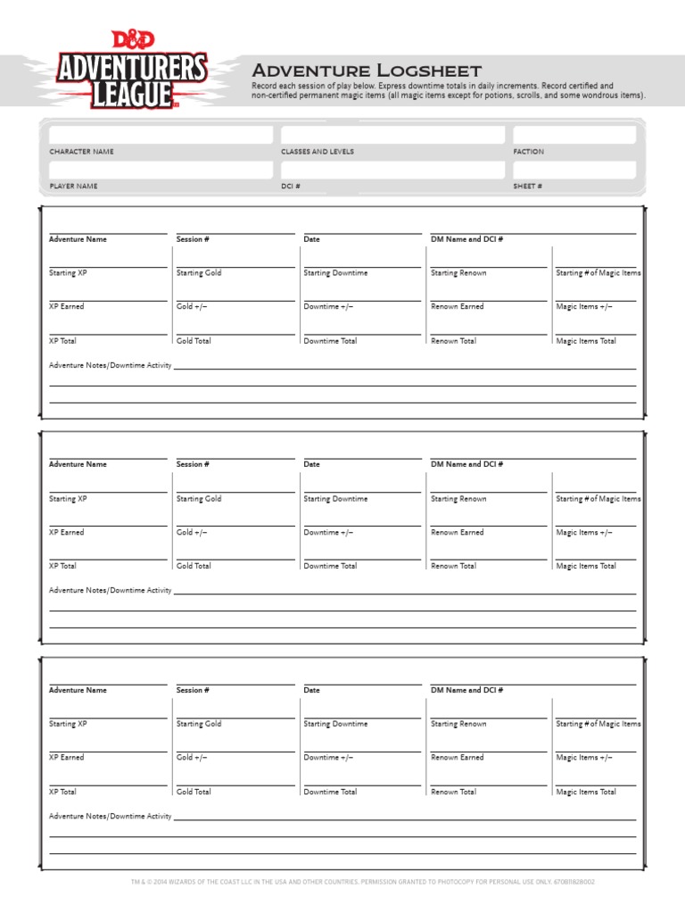 D&amp;D Adventurer's League Adventure Logsheet | PDF | Dungeons &amp; Dragons ...