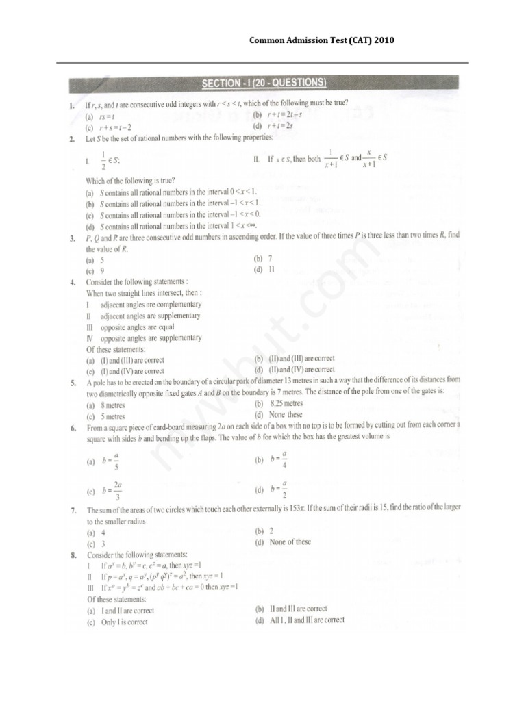 CAT 2010 Question Paper and Answers | PDF