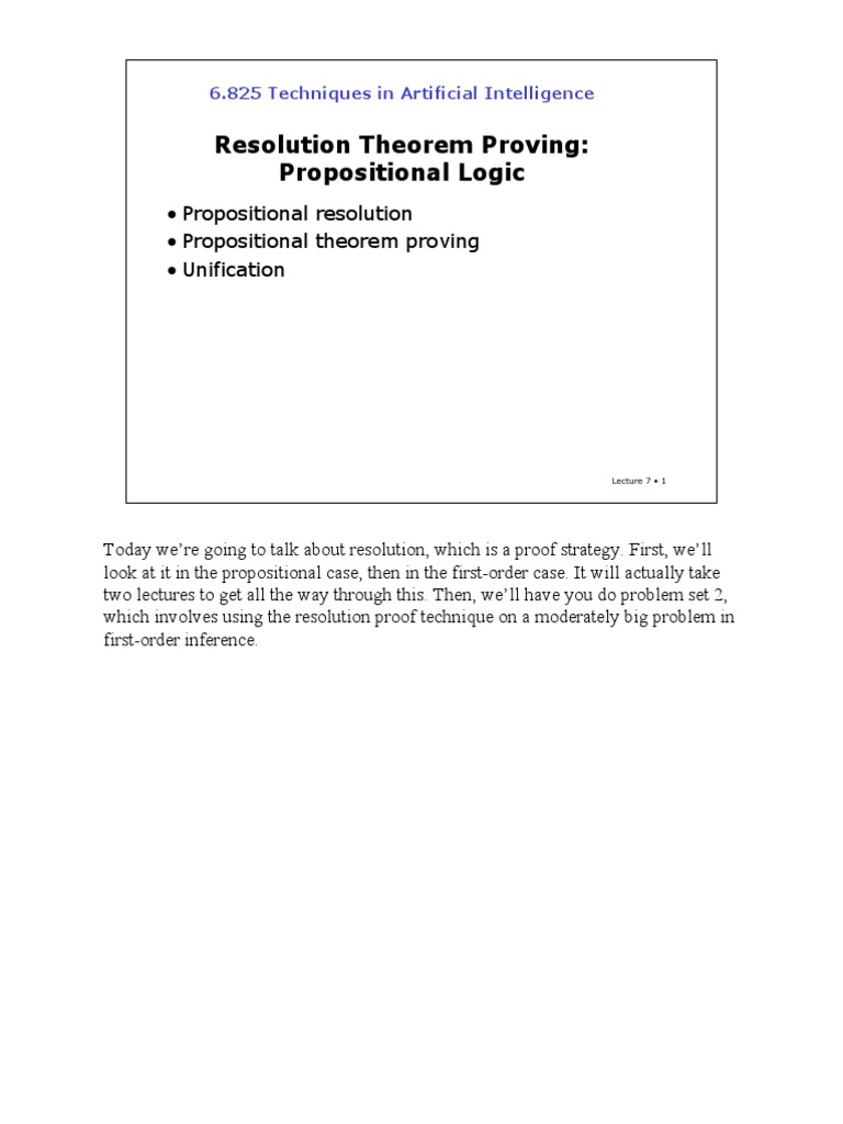 Resolution Theorem Proving: Propositional Logic: 6.825 Techniques in ...