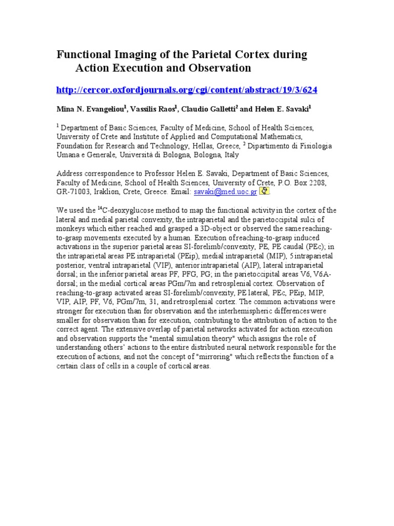 Functional Imaging of The Parietal Cortex During Action Execution and ...