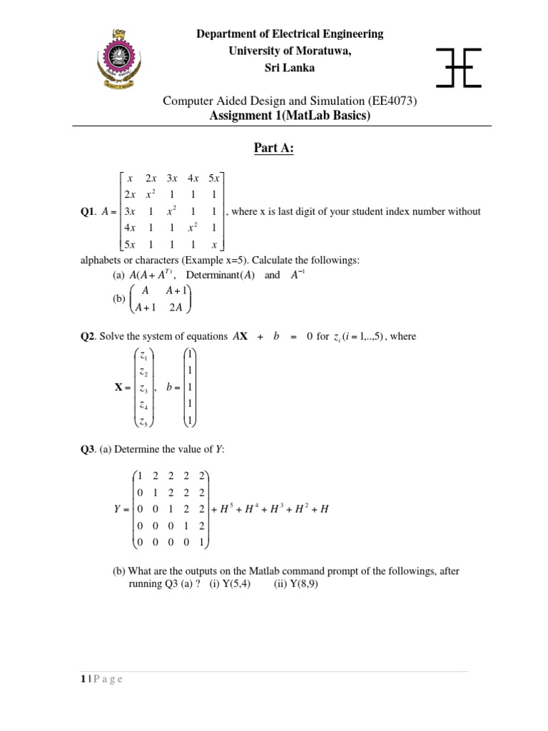 Computer Aided Design and Simulation (Ee4073) : Assignment 1 (Matlab ...