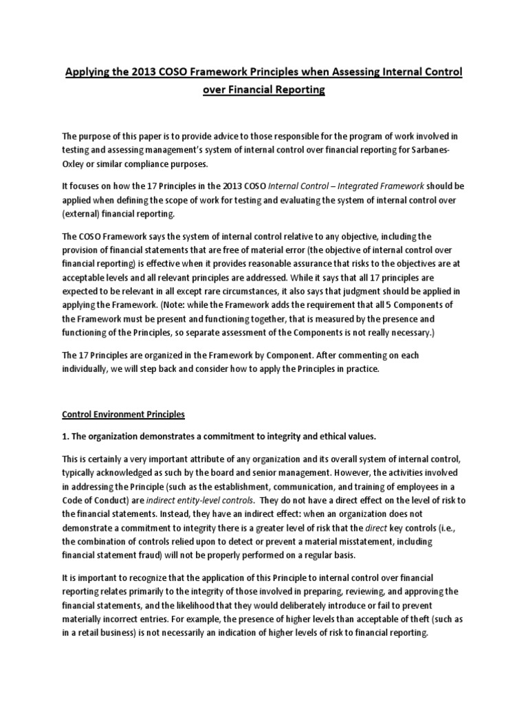 COSO Framework for Internal Control Assessment | PDF | Internal Control ...
