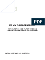 600 MW Turbogenerator: Rating Plate Data For Generator