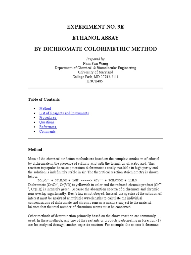 Experiment No. 9E Ethanol Assay by Dichromate Colorimetric Method PDF