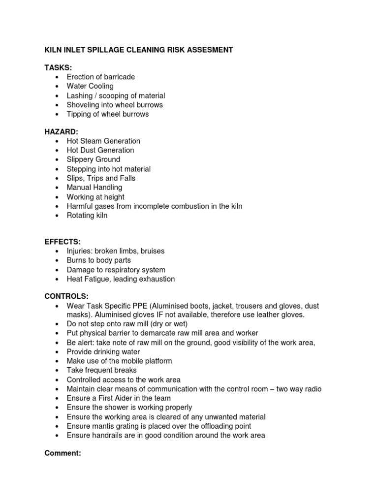 Kiln Inlet Cleaning Risk Assessment | PDF | Home & Garden | Science ...