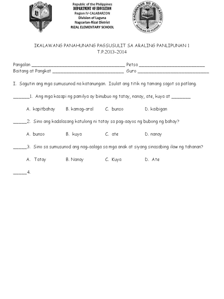 ikalawang panahunang pagsusulit sa araling panlipunan 1 pdf